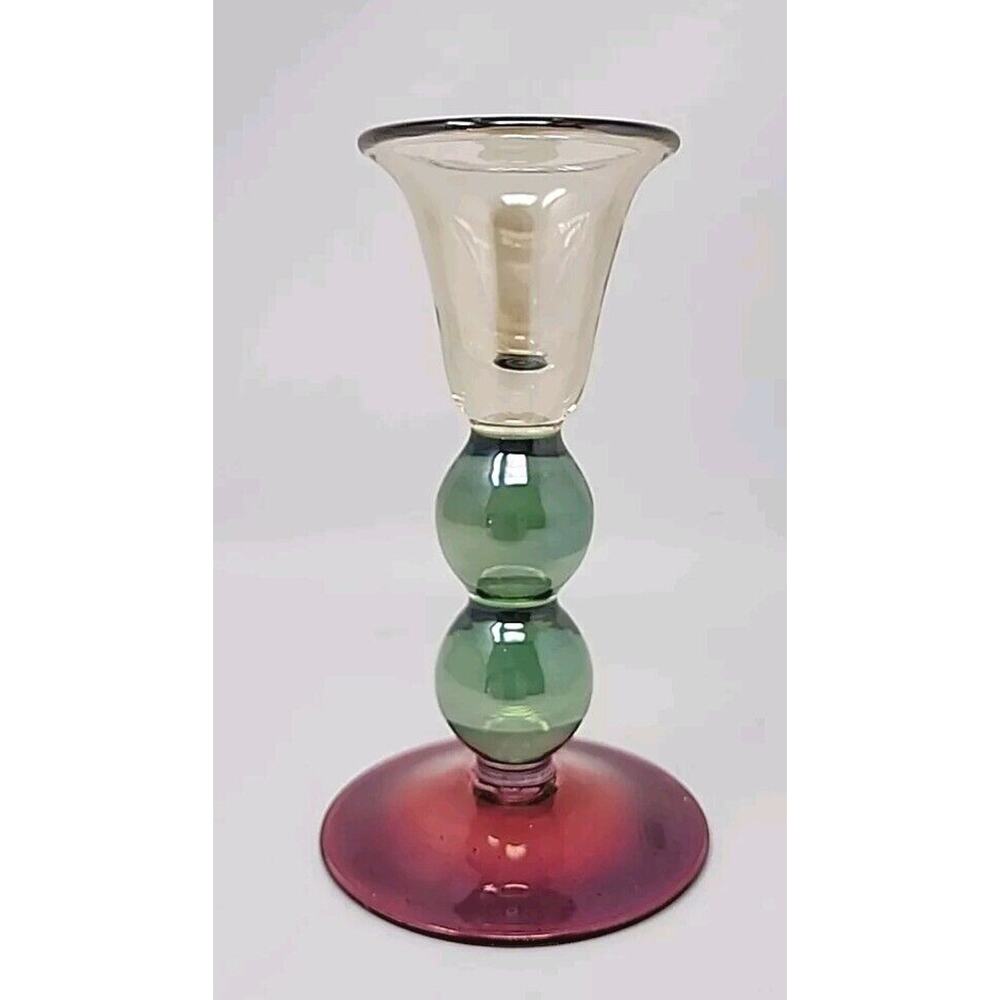 Krosno Poland Candlestick Iridescent Hand-Blown Glass w Sticker 6"‎ U25